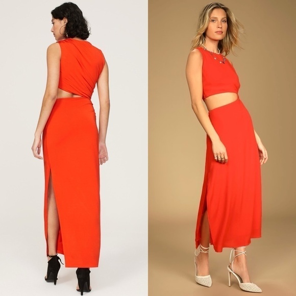 ATLEIN Asymmetric Ruched Side Cutout Sleeveless Jersey Bodycon Midi Dress XS - Picture 2 of 6